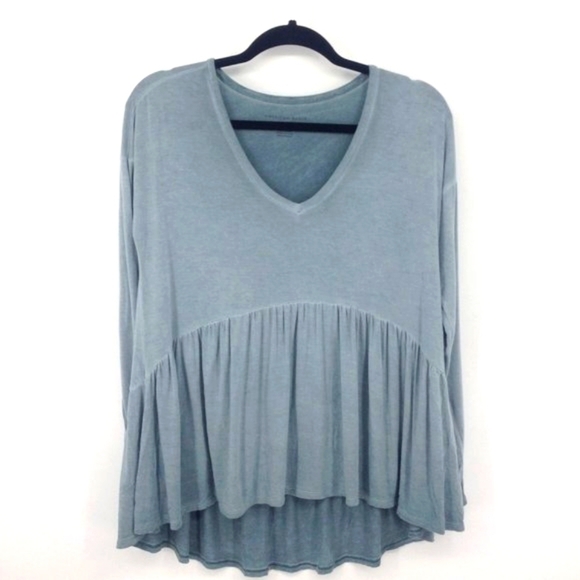 American Eagle Blueish Green Flowy Ruffled Long Sleeve Tee - Picture 2 of 6